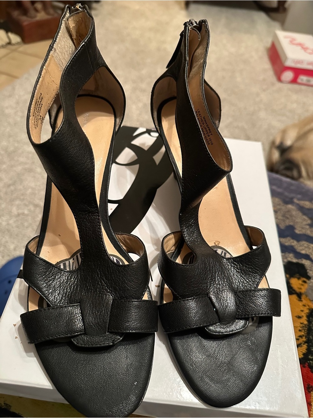 Nine West Black Leather Cutout Heel Sandals